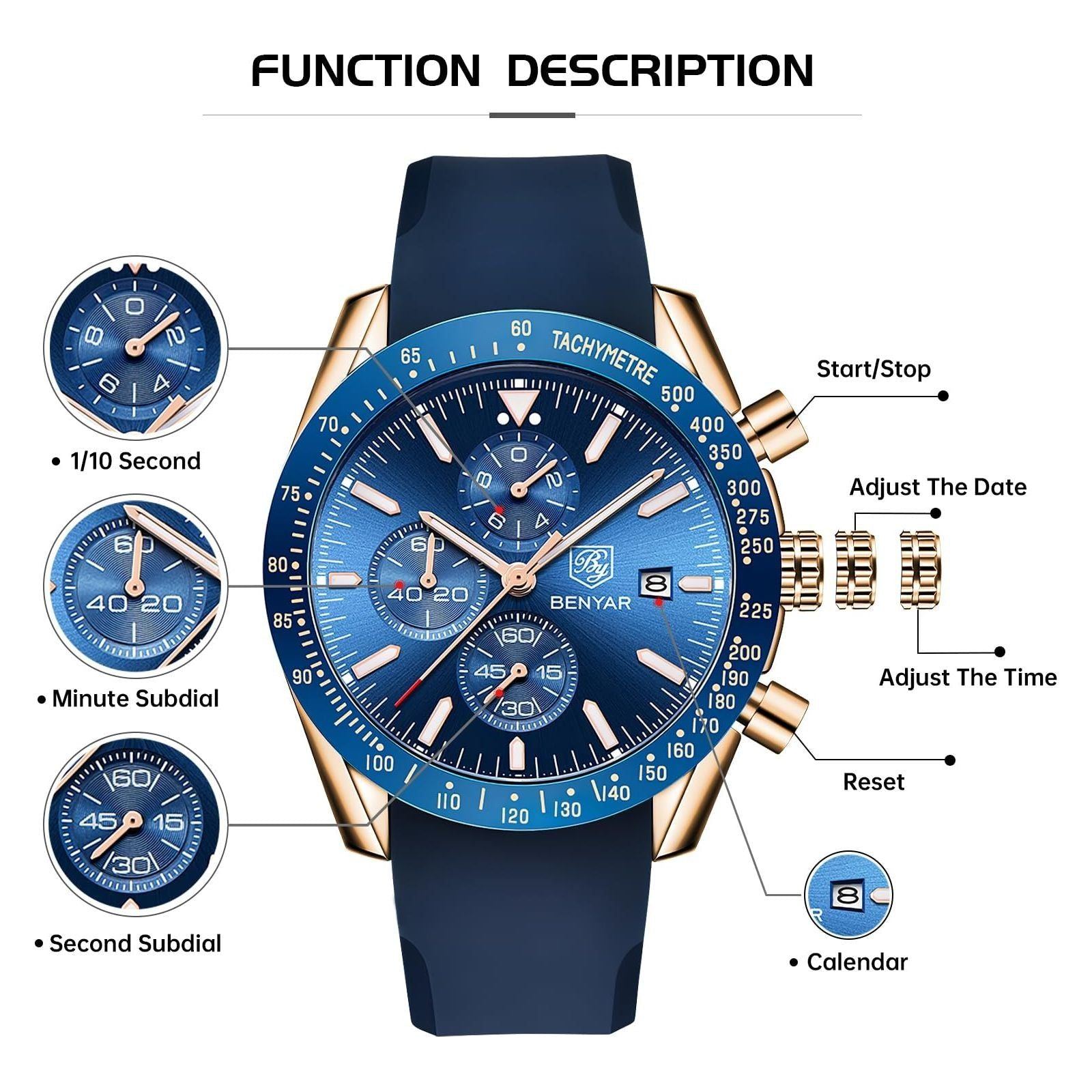 BY BENYAR Watches for Men Silicone/Stainless Steel/Brown Leather Strap 30M Waterproof Quartz Chronograph Men Watches Business Casual Wrist Watch Gifts for Men