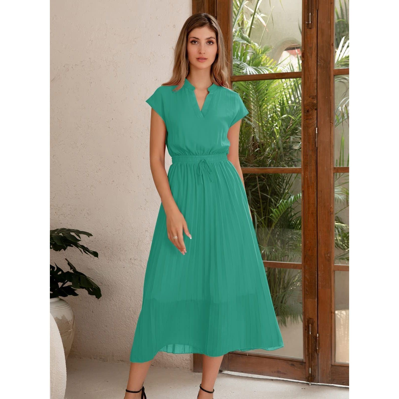 Paintcolors Women's Short Sleeve Pleated Long Maxi Dress V Neck Elastic Waist Ombre Solid Summer Beach Chiffon Flowy Sundress