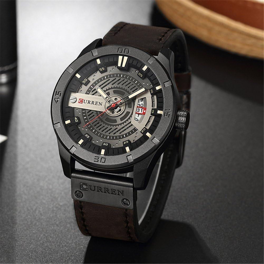 Quartz Watch For Men, Waterproof Analog Watches, Business Leather Strap Men's Wristwatch with Date 8301(Black-Coffee)