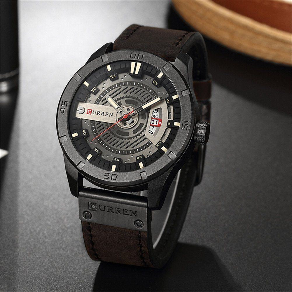 Quartz Watch For Men, Waterproof Analog Watches, Business Leather Strap Men's Wristwatch with Date 8301(Black-Coffee)