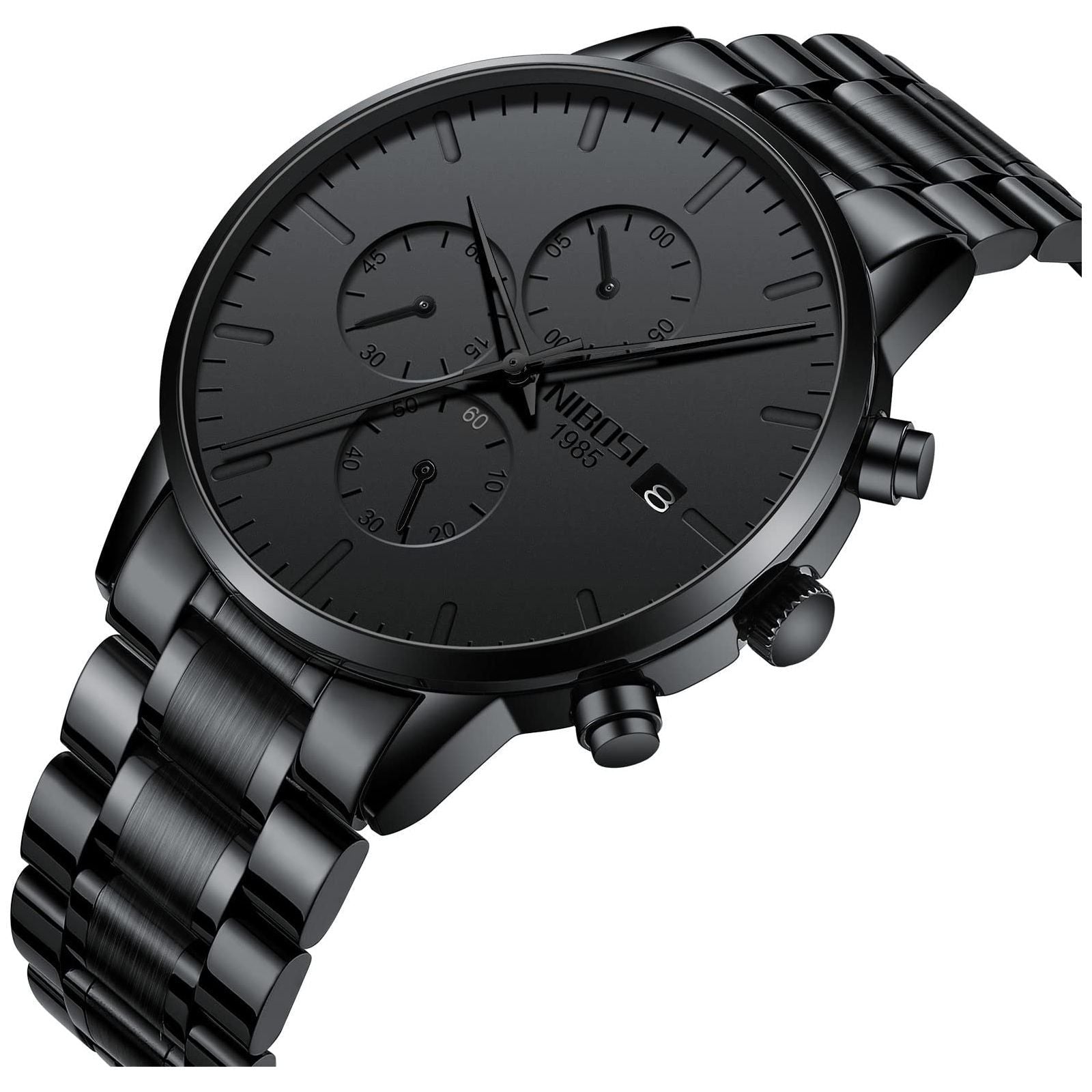 NIBOSI Men's Watches Analog Minimalist Black Dial Watches for Men Business Chronograph Military Casual Wrist Watches Stainless Steel Strap Date