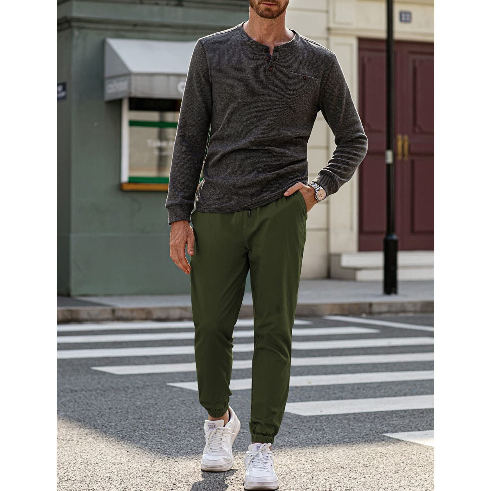 Men's Joggers Cotton Drawstring Outdoor Hiking Pants Casual Stretch Elastic Waist Track Pants Twill Jogging Sweatpants