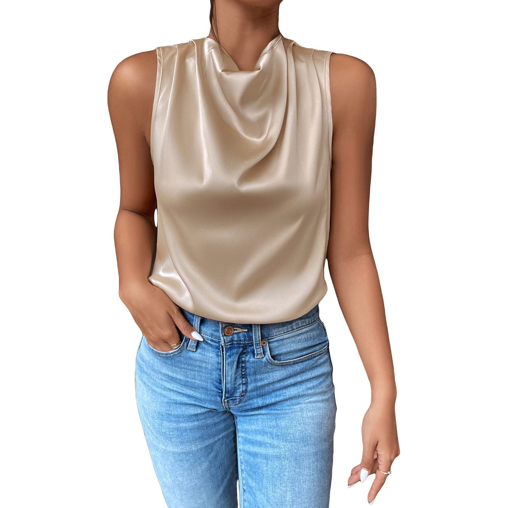 GORGLITTER Women's Elegant Cowl Neck Sleeveless Satin Draped Blouse Top
