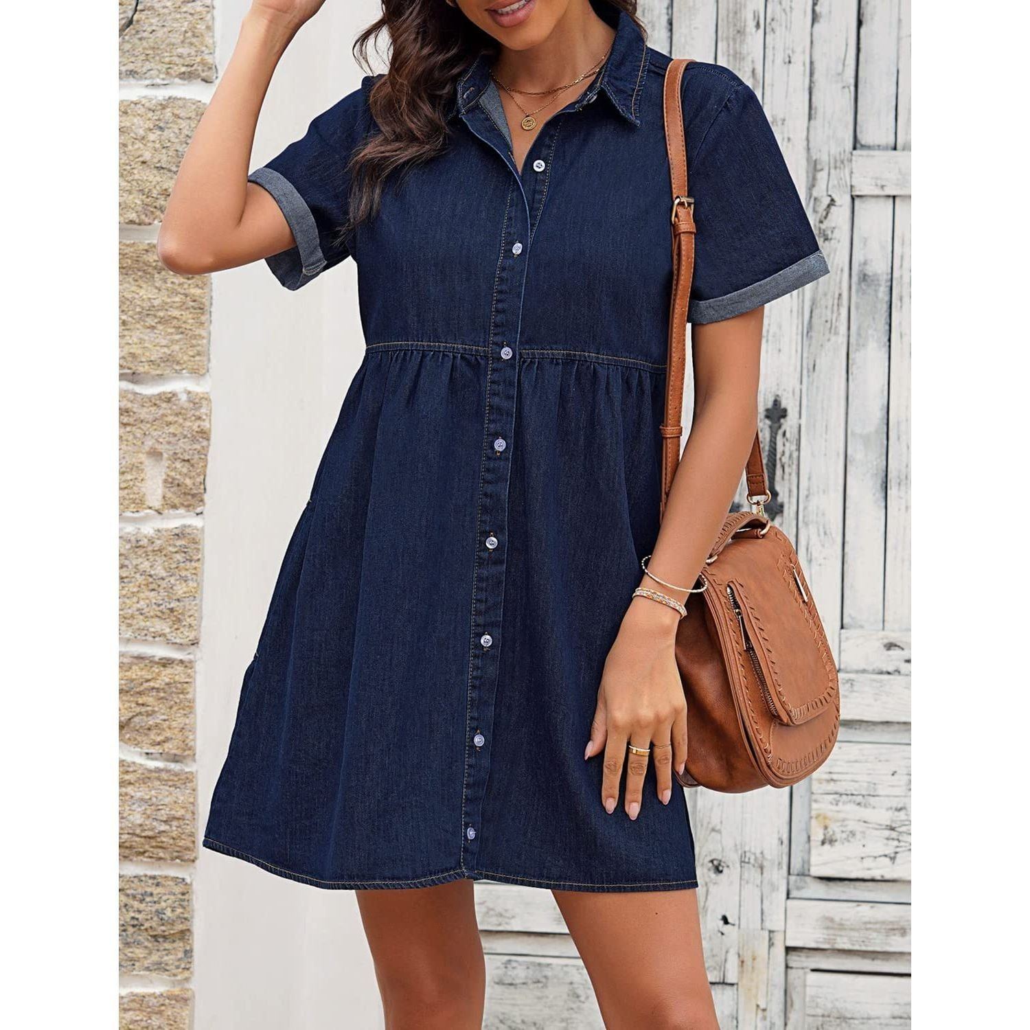 LookbookStore Women's Short Sleeve Button Down Flowy Tiered Babydoll Denim Dress
