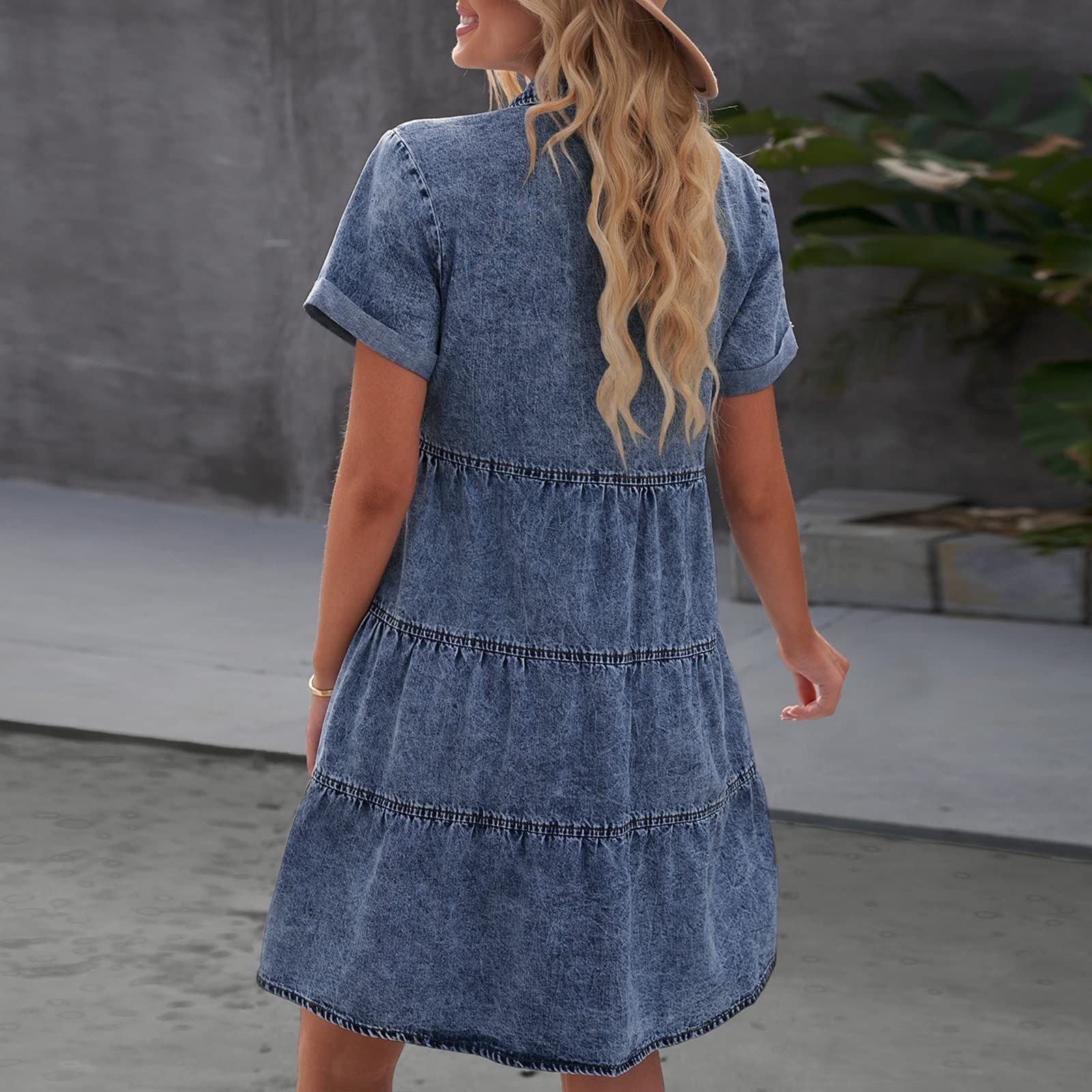 Vetinee Women's Casual Babydoll Denim Dress Short Sleeve Button Down Flowy Tiered