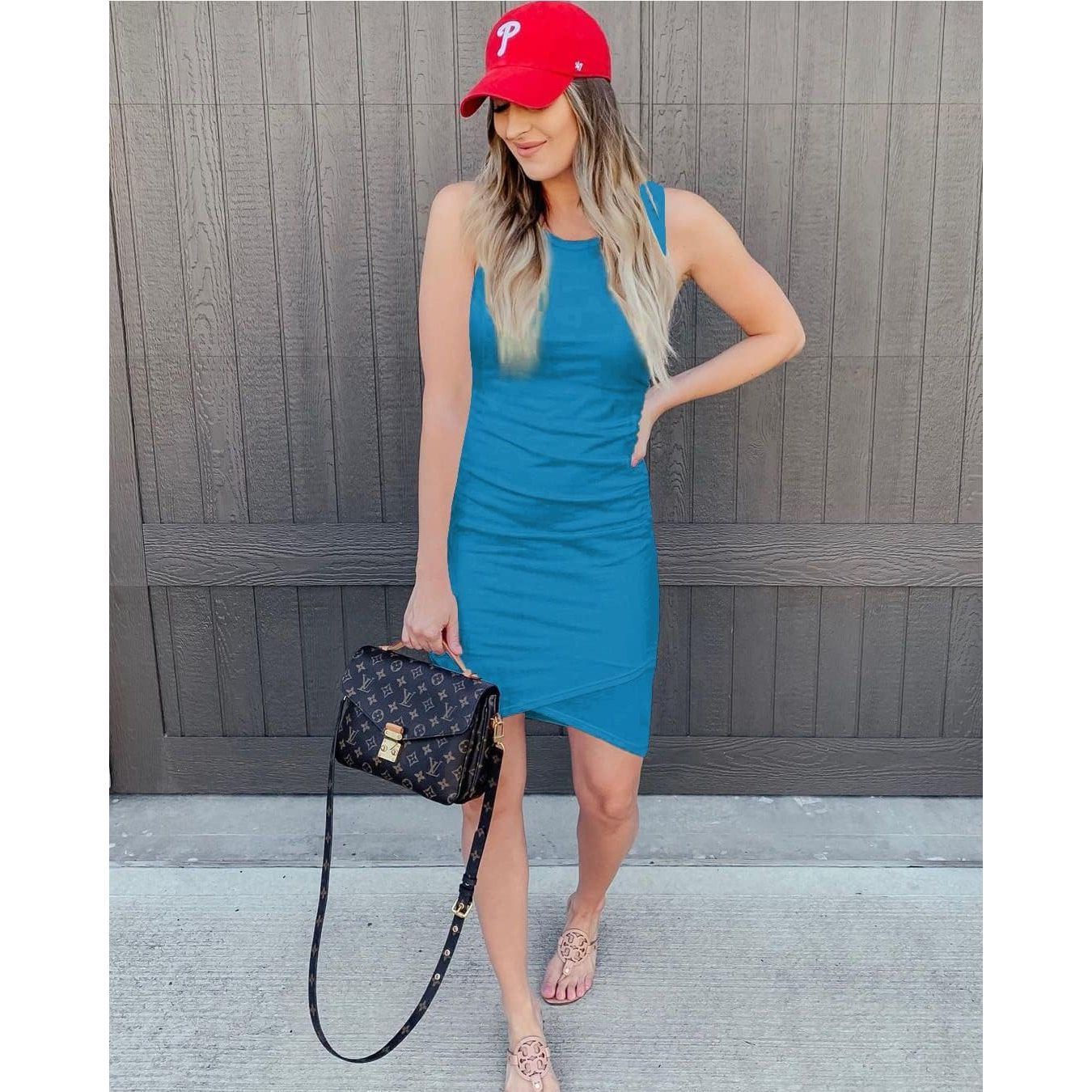 sachin and babi light blue dress Ruched Round Neck Mini Tank Dress  BintBoo