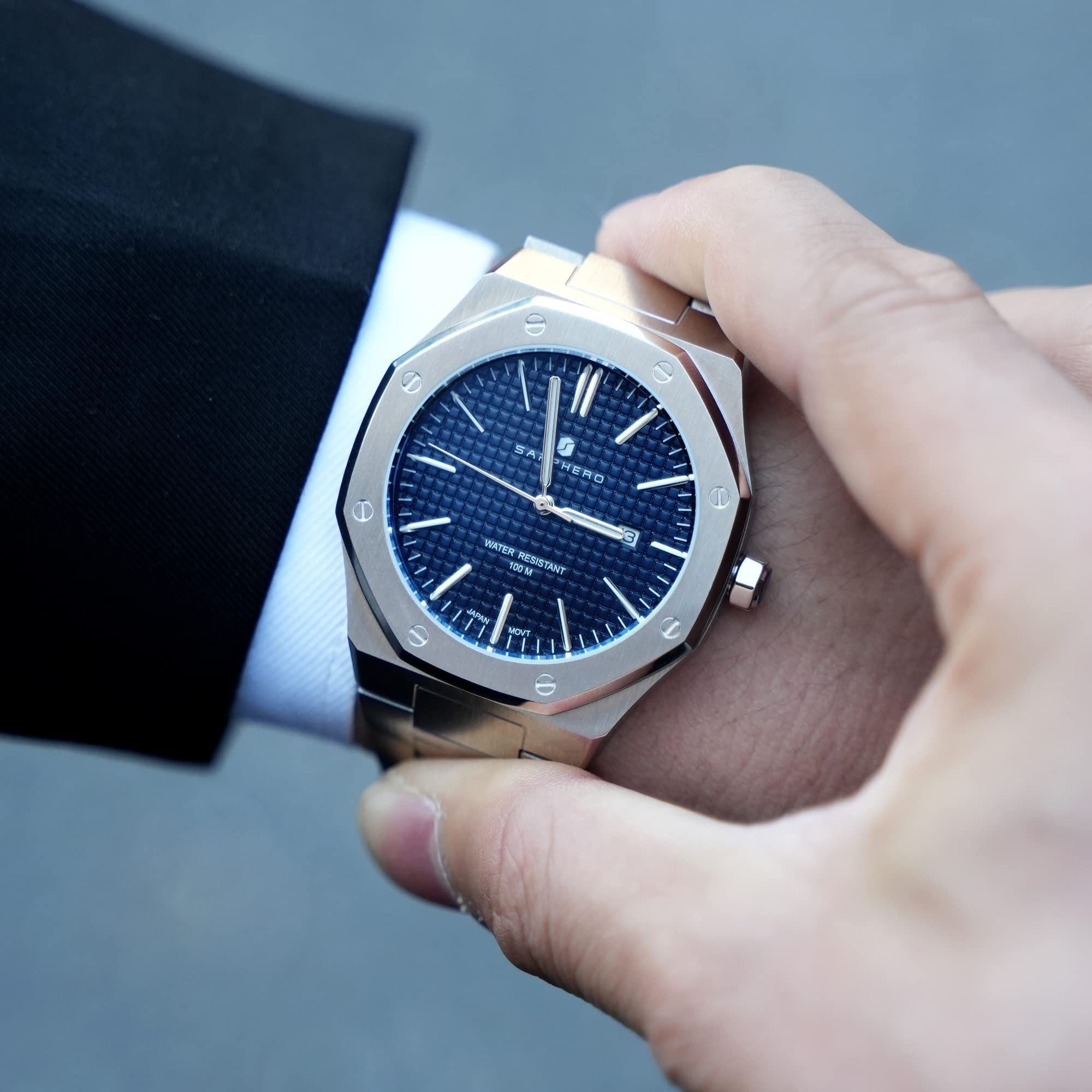 SAPPHERO Watch for Men Silver Stainless Steel Mens Watches 100M Waterproof Analog Quartz Movement Wrist Watch Gifts for Men