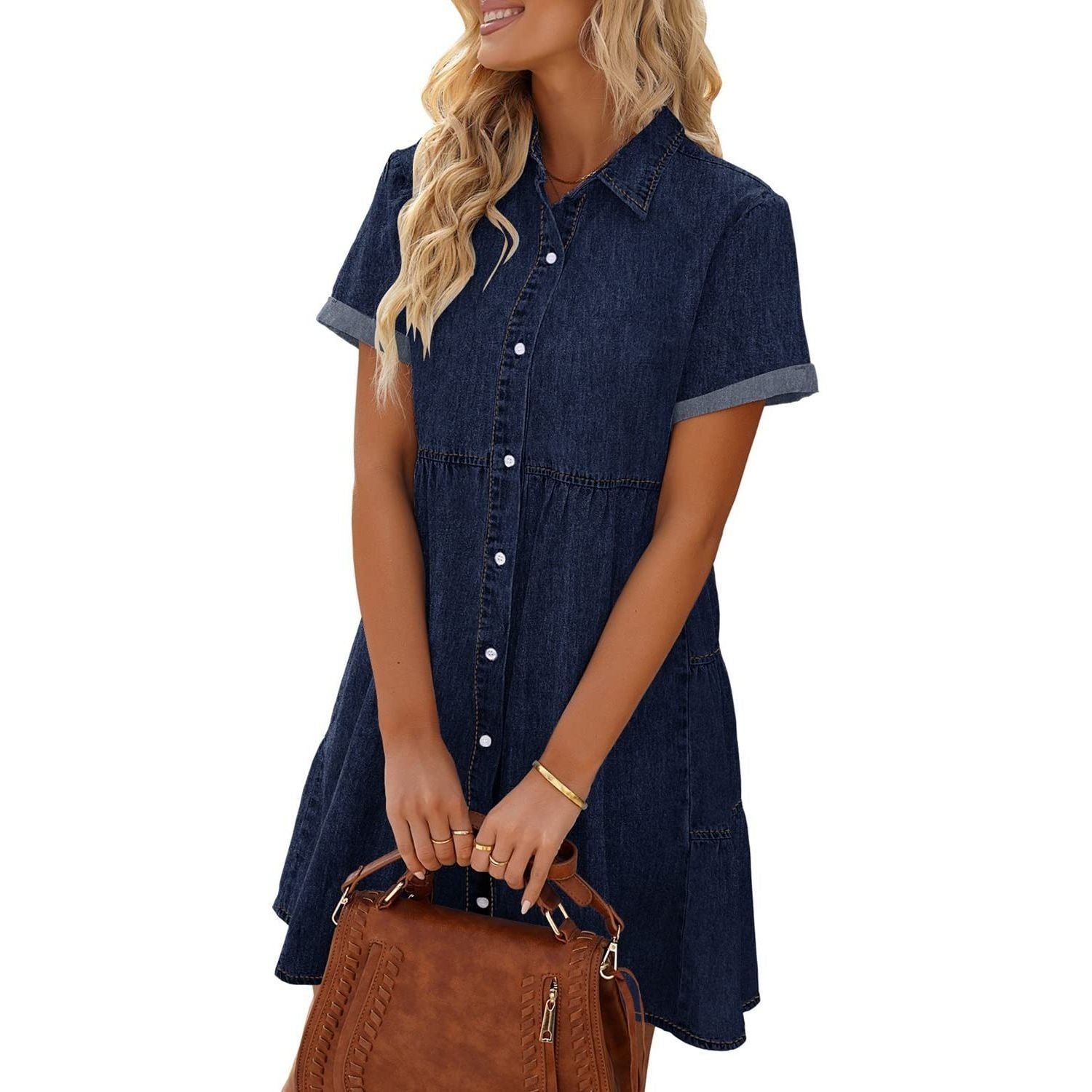 LookbookStore Women's Short Sleeve Button Down Flowy Tiered Babydoll Denim Dress