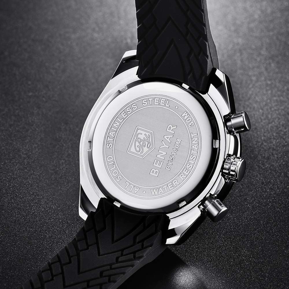 BY BENYAR Watches for Men Silicone/Stainless Steel/Brown Leather Strap 30M Waterproof Quartz Chronograph Men Watches Business Casual Wrist Watch Gifts for Men