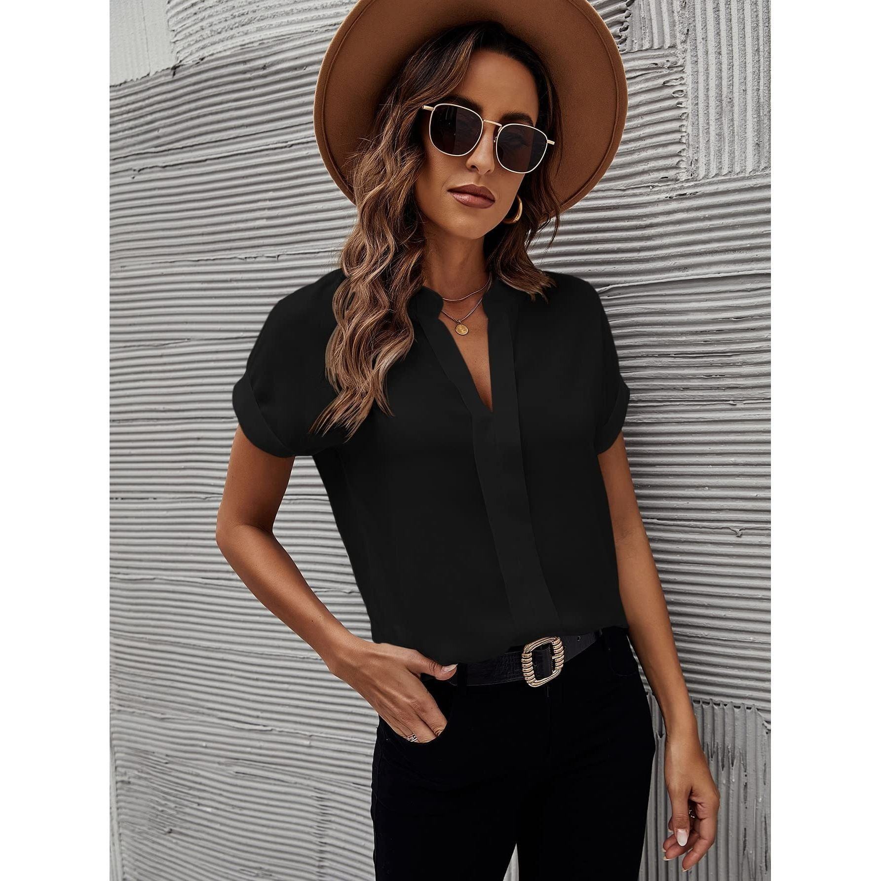SHEIN Women's Notched V Neck T Shirts Roll Up Short Sleeve Summer Office Blouses Tops