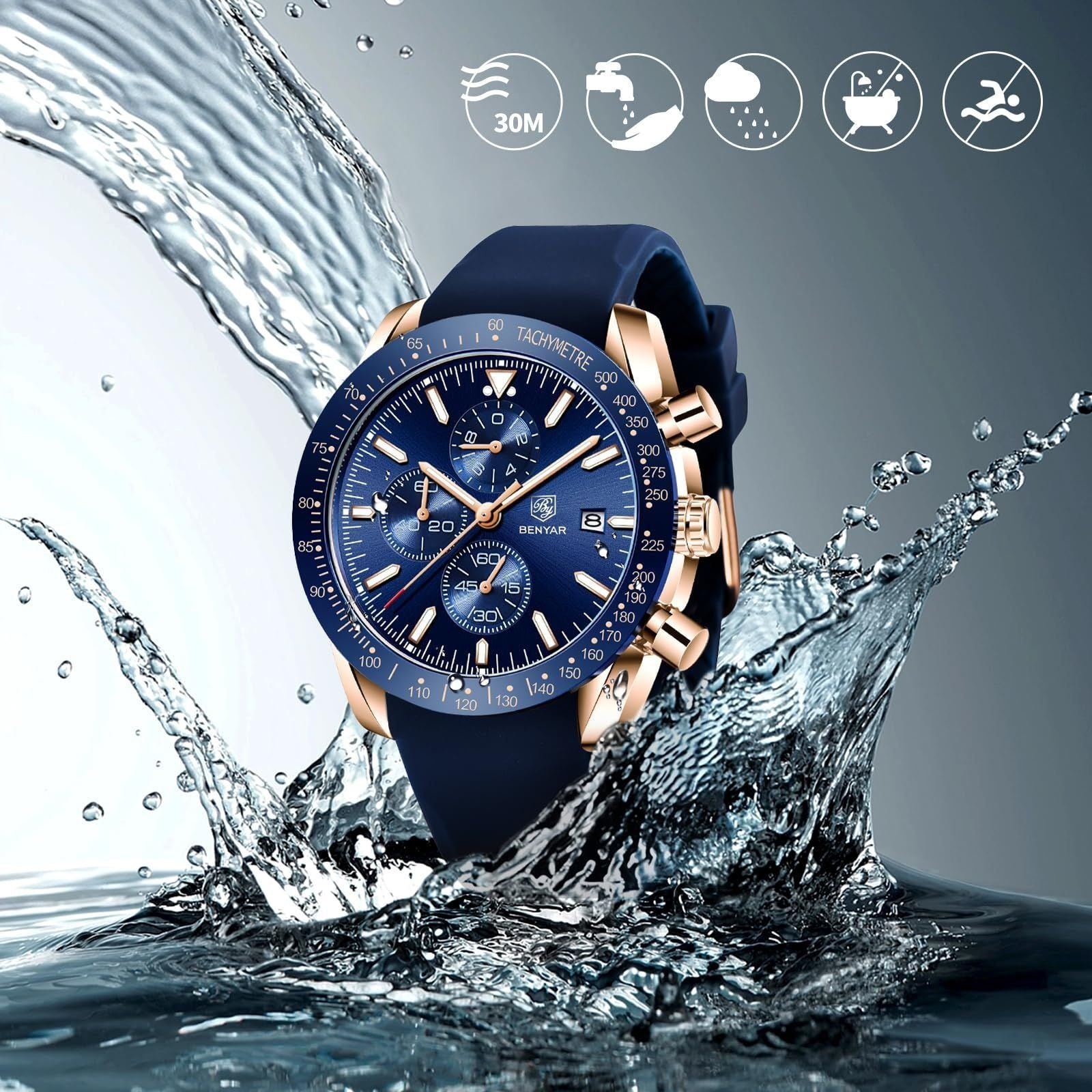 BY BENYAR Watches for Men Silicone/Stainless Steel/Brown Leather Strap 30M Waterproof Quartz Chronograph Men Watches Business Casual Wrist Watch Gifts for Men
