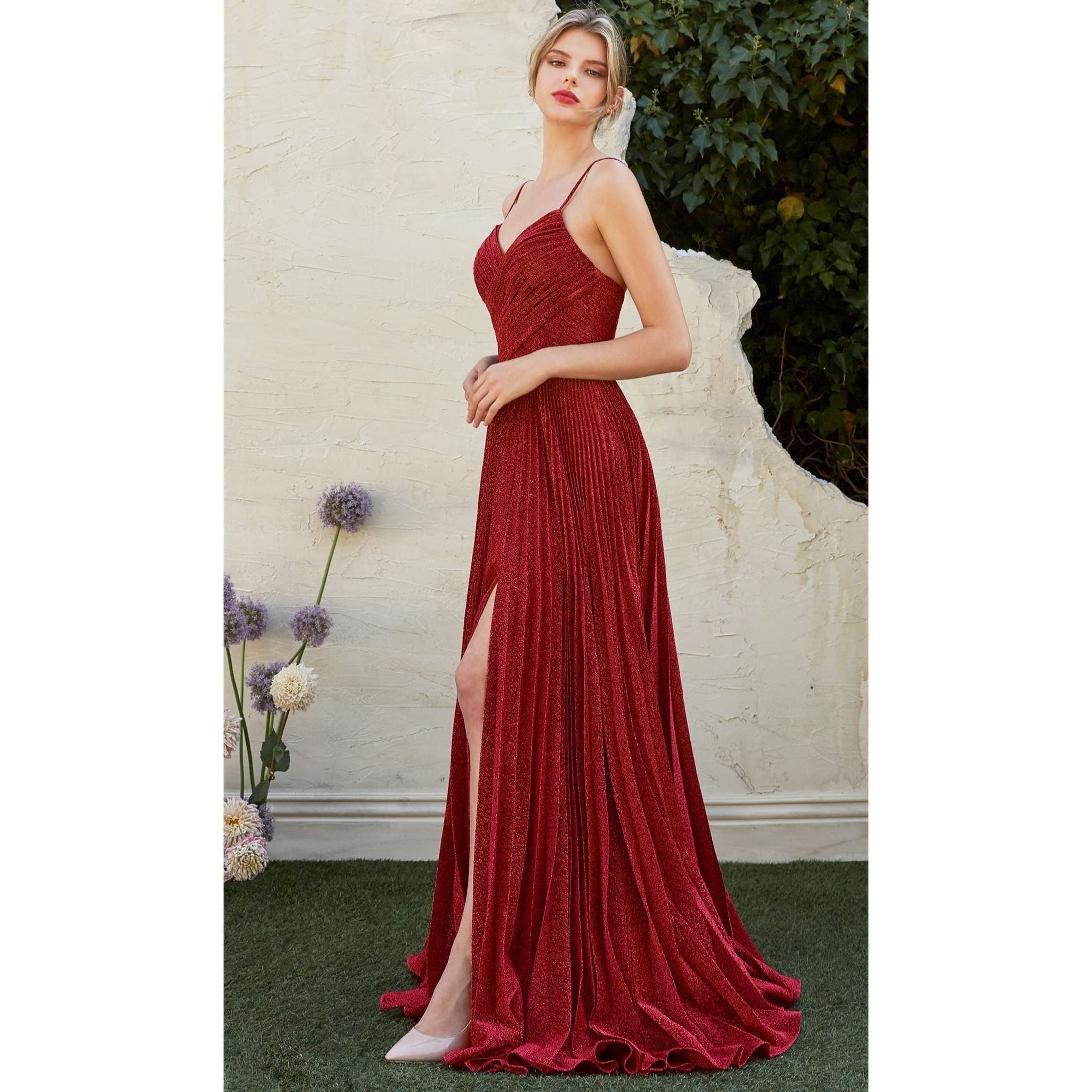 Meier Women's Metallic Glitter Pleated Long Prom Formal Dress