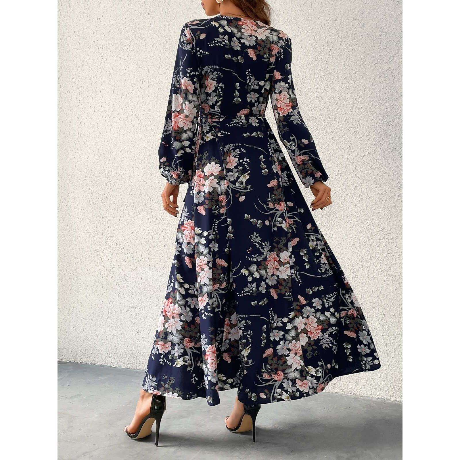 CUPSHE Women's V Neck Maxi Dress Long Sleeve Floral Print Flowy Sundress Wrap Dresses