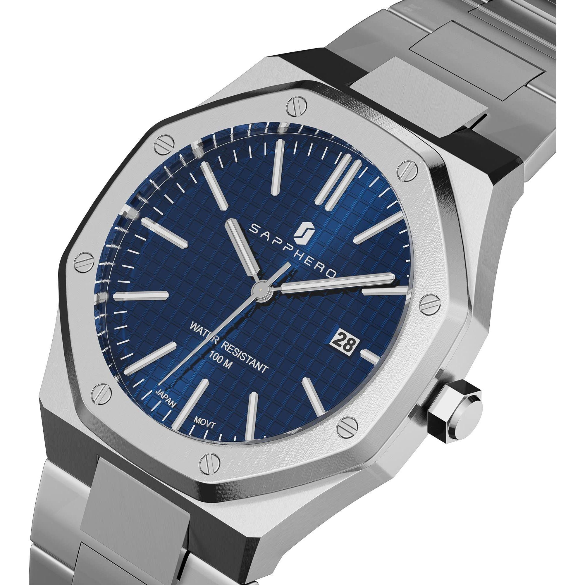 SAPPHERO Watch for Men Silver Stainless Steel Mens Watches 100M Waterproof Analog Quartz Movement Wrist Watch Gifts for Men