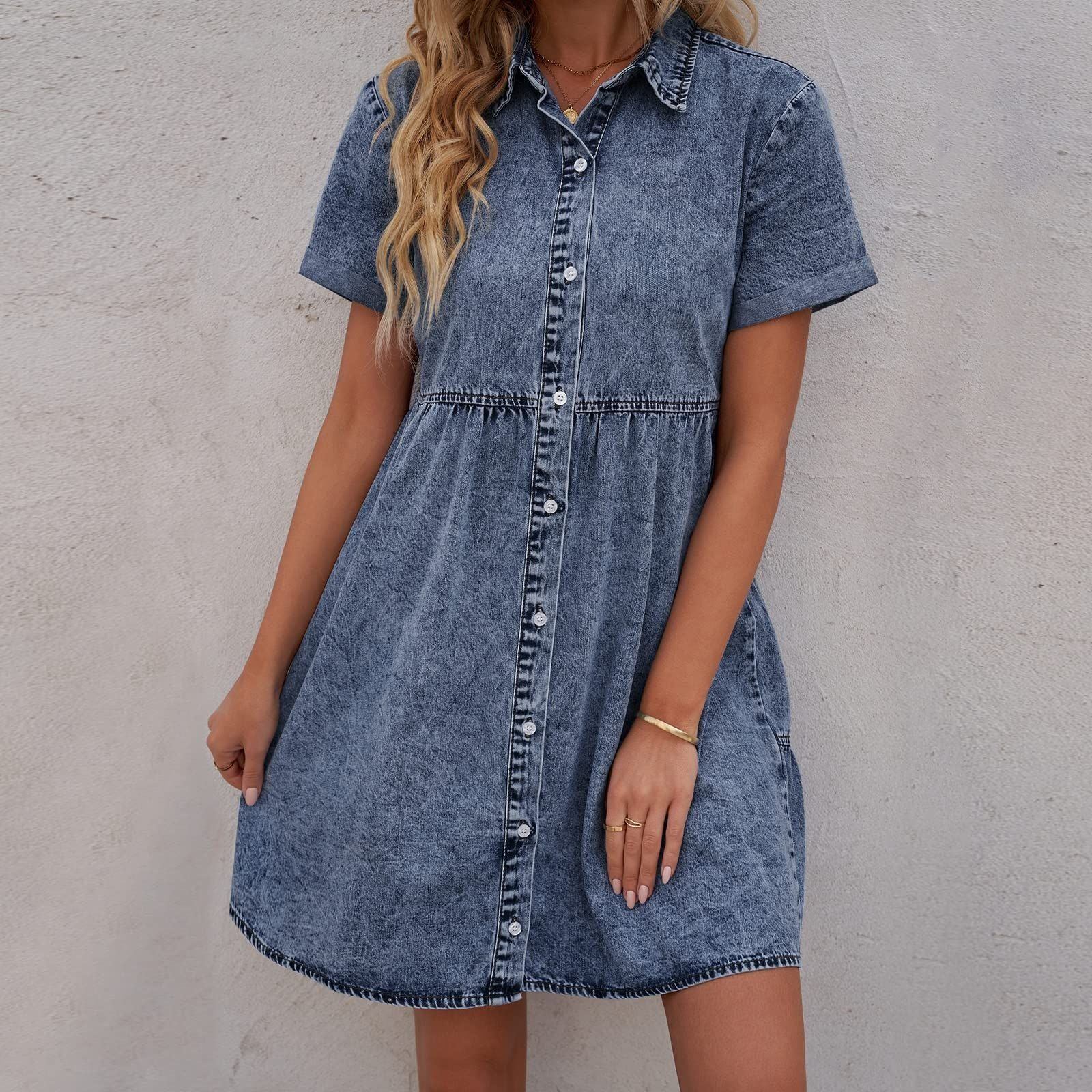 Vetinee Women's Casual Babydoll Denim Dress Short Sleeve Button Down Flowy Tiered