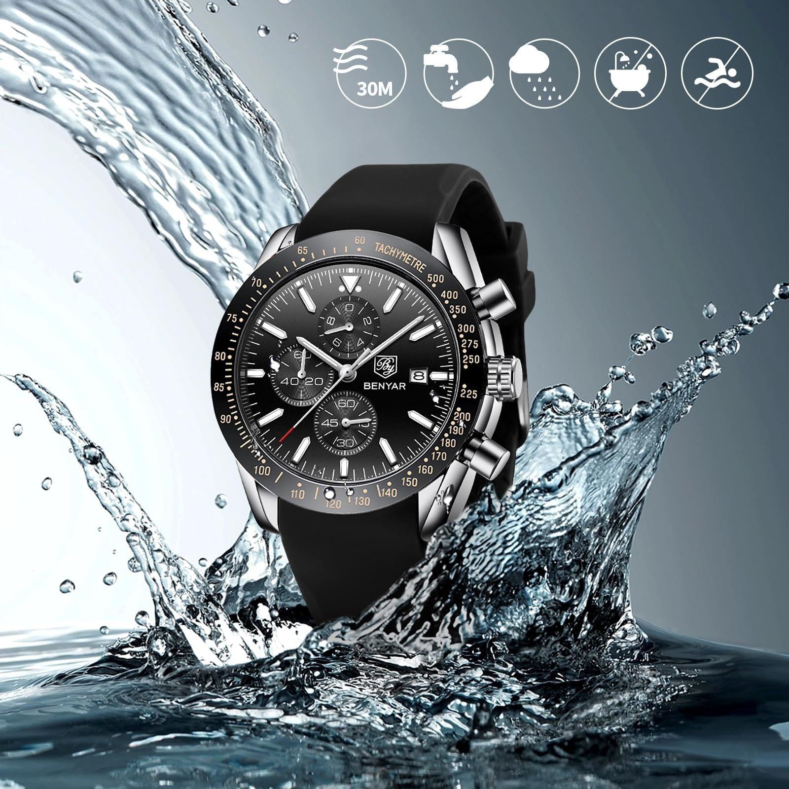 BY BENYAR Watches for Men Silicone/Stainless Steel/Brown Leather Strap 30M Waterproof Quartz Chronograph Men Watches Business Casual Wrist Watch Gifts for Men