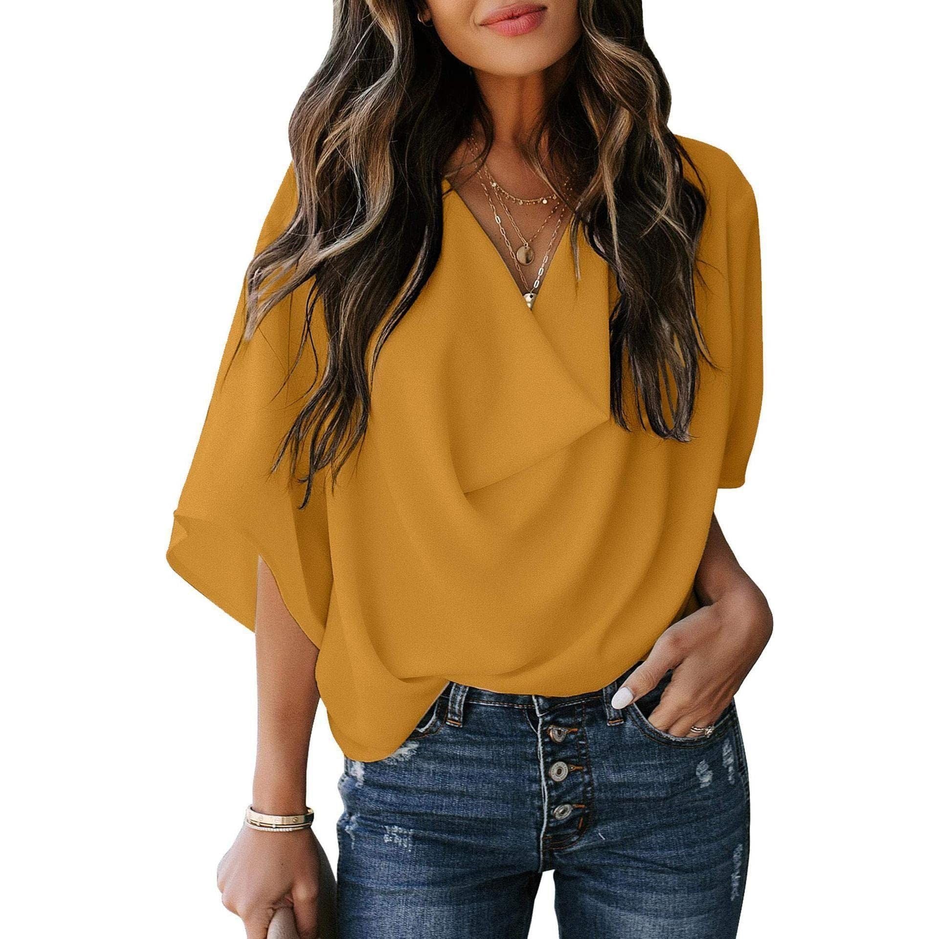 Womens Summer Short Sleeve Blouses Tops V Neckline Casual Chiffon Solid Color Shirts