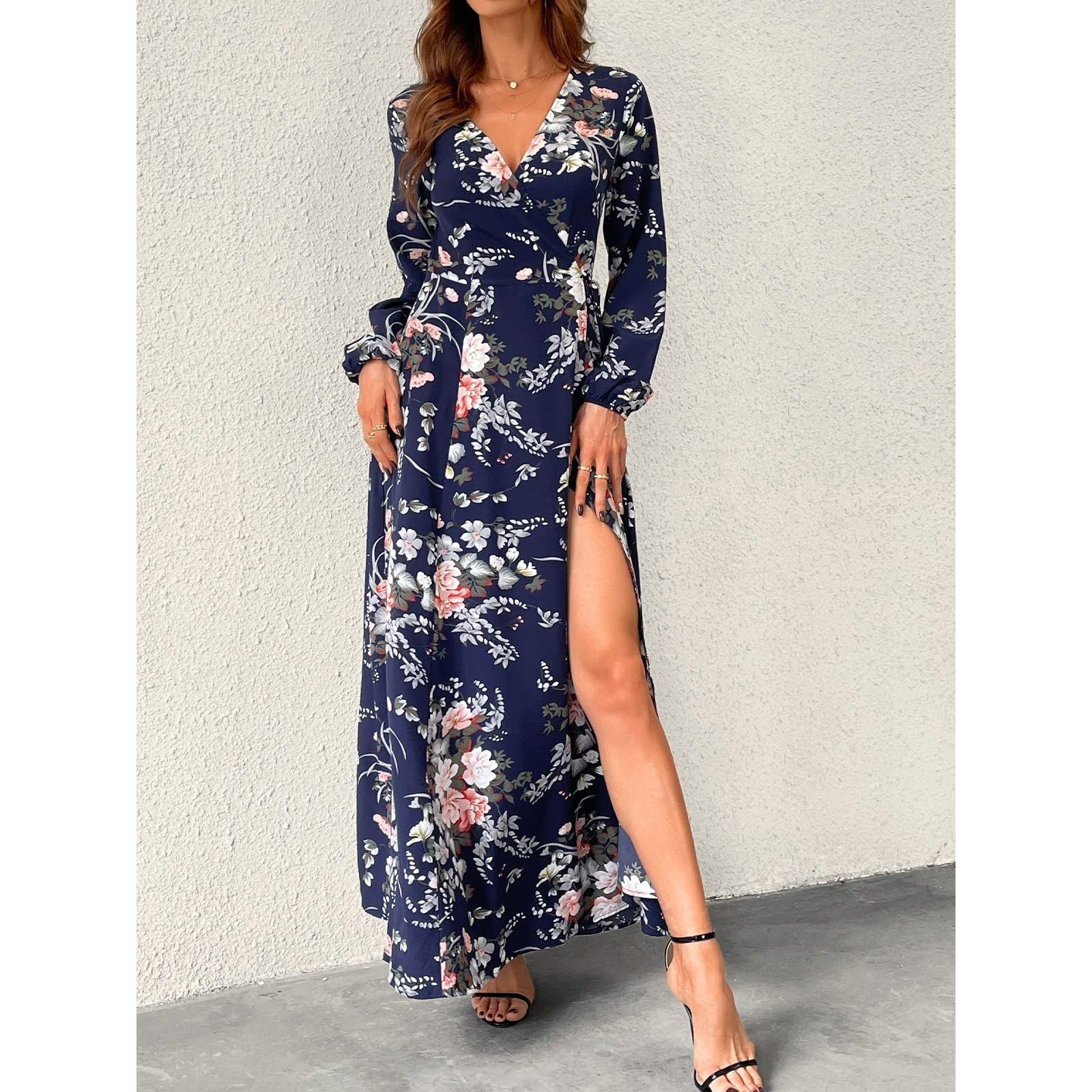 CUPSHE Women's V Neck Maxi Dress Long Sleeve Floral Print Flowy Sundress Wrap Dresses