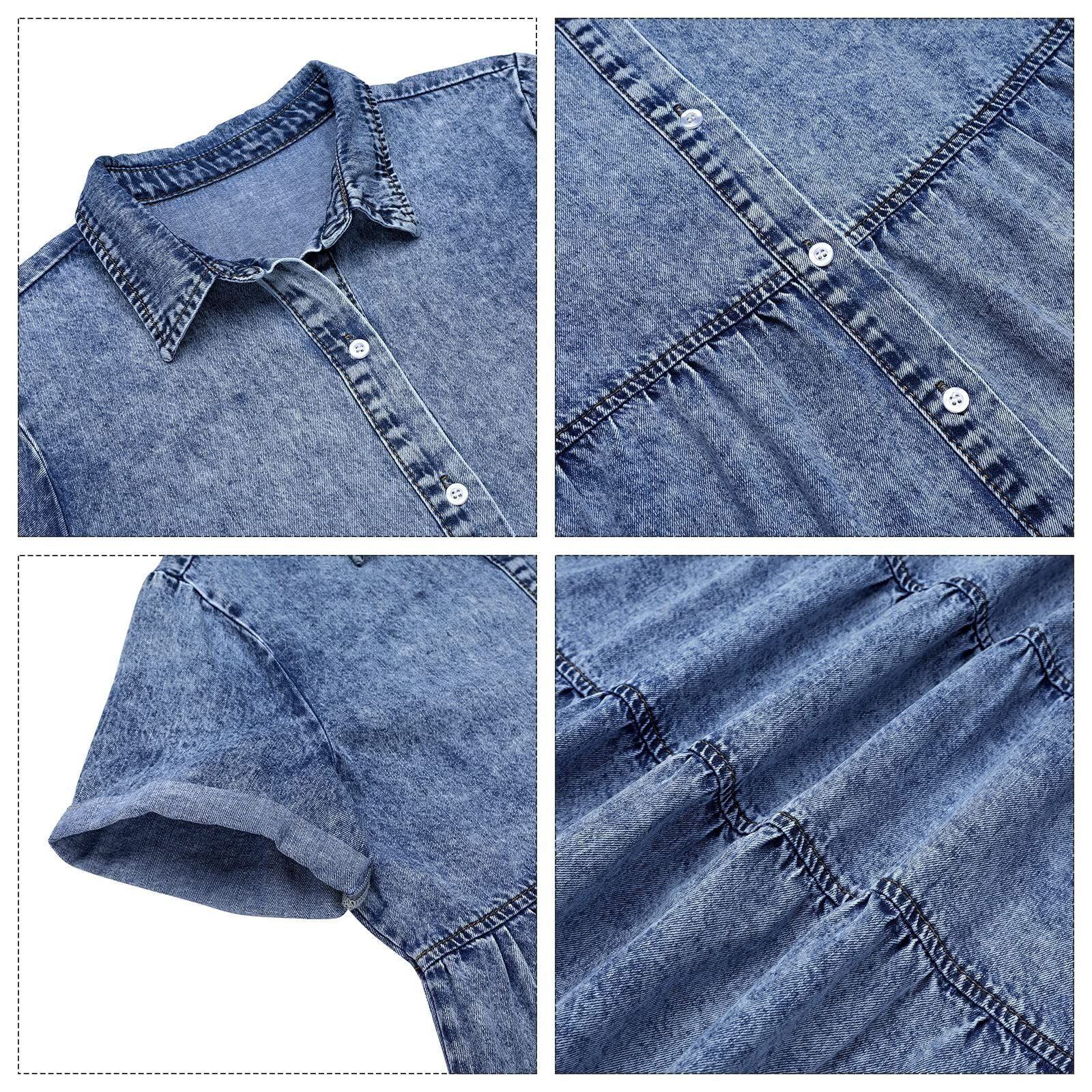 Vetinee Women's Casual Babydoll Denim Dress Short Sleeve Button Down Flowy Tiered