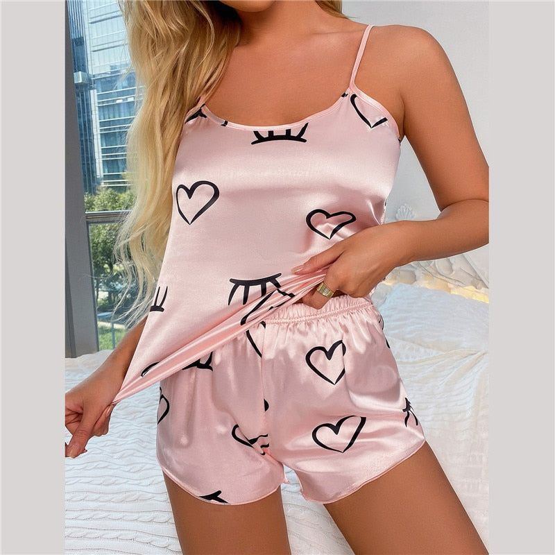 Pajama Set Women's 2 Pieces Sleepwear Silk Satin Cami Top & Shorts - Jointcorp