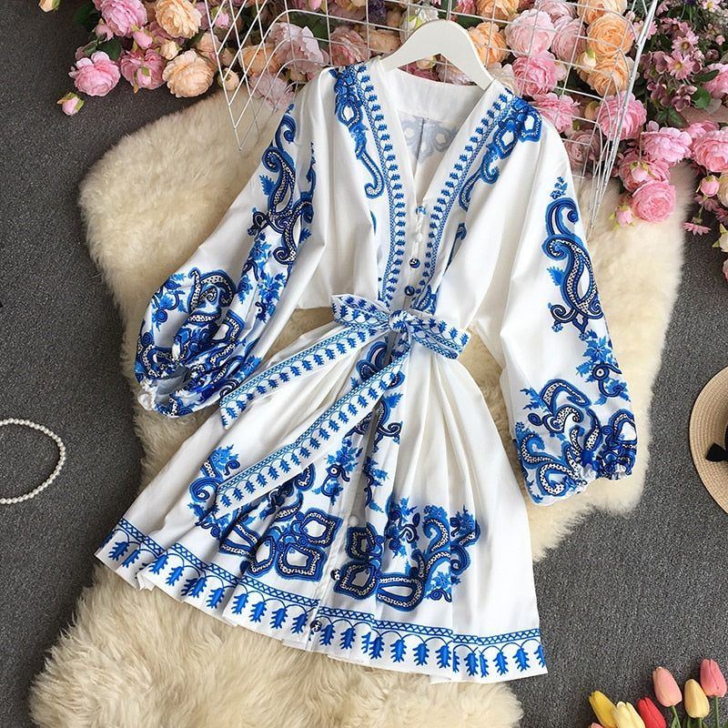 Spring Vintage Printed V-neck Long Sleeved Short Dress Retro Floral Single Breasted Waist Ribbon A-line Midi Dress - Jointcorp