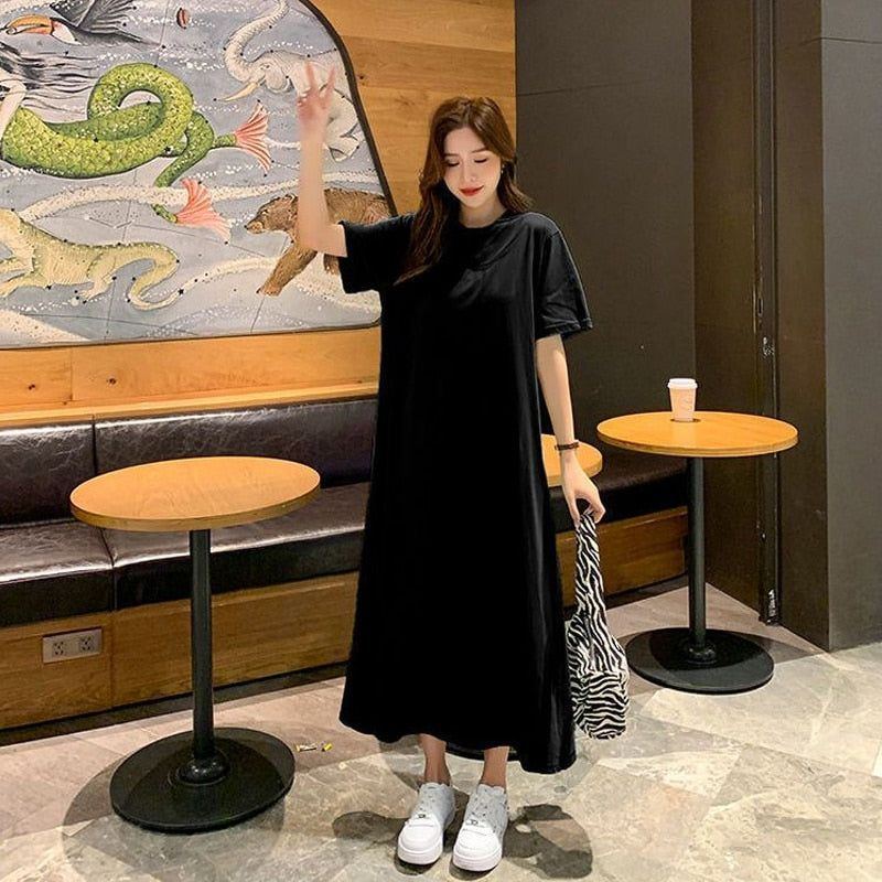 Summer New Simplicity Loose Casual Dresses Round Neck Short Sleeve Plus  Size All-match Dress Fashion Trend Women Clothing