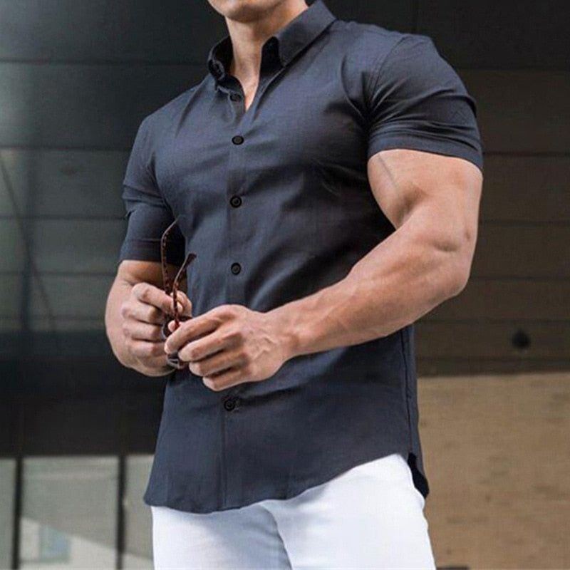 Summer Men Pure Color Comfortable Blouses Men Black Short-Sleeved Shirts Casual Sport Single Breasted Man Slim Fit Shirt top - Jointcorp