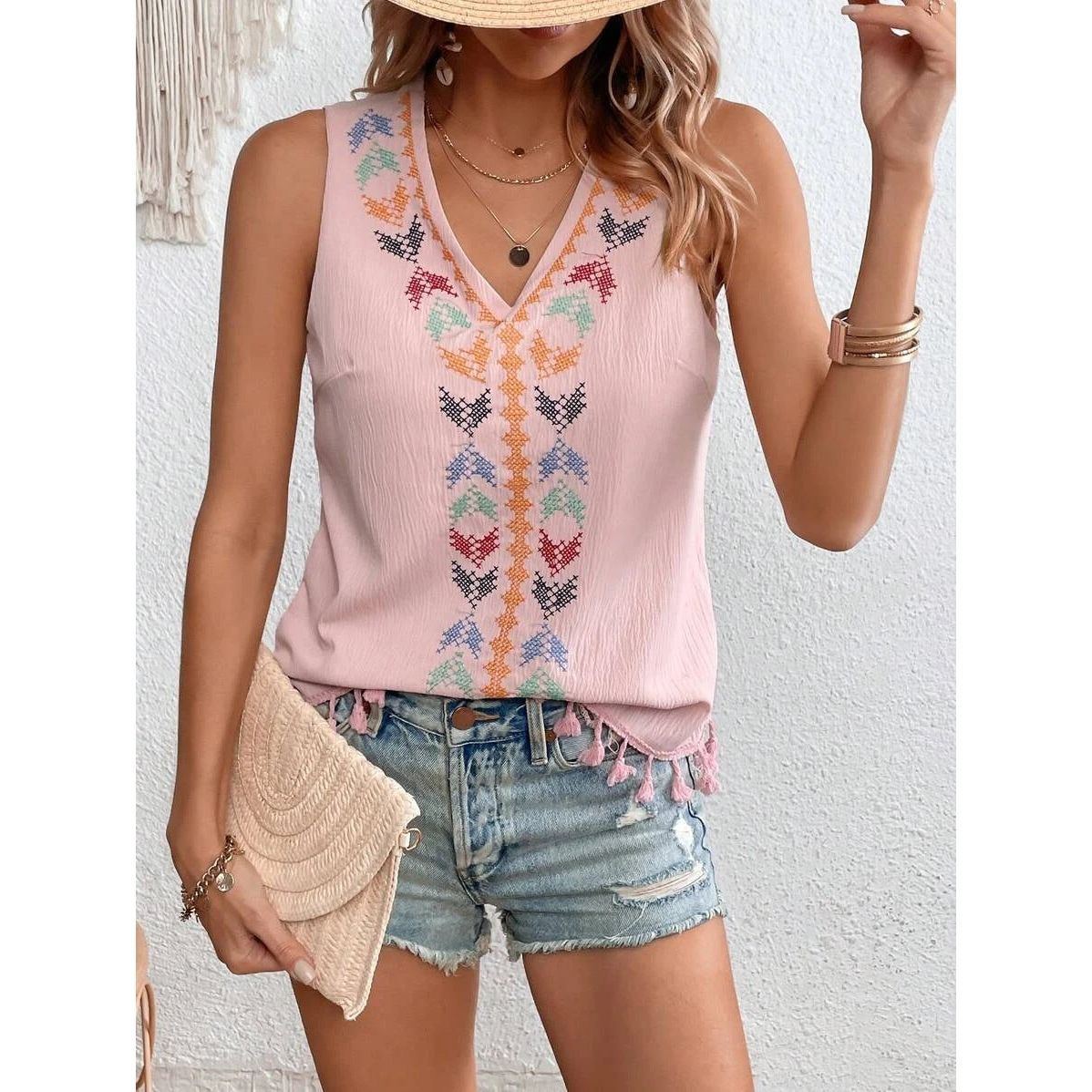 Women's Summer Ethnic Style V-neck Embroidery Vest Top - Jointcorp
