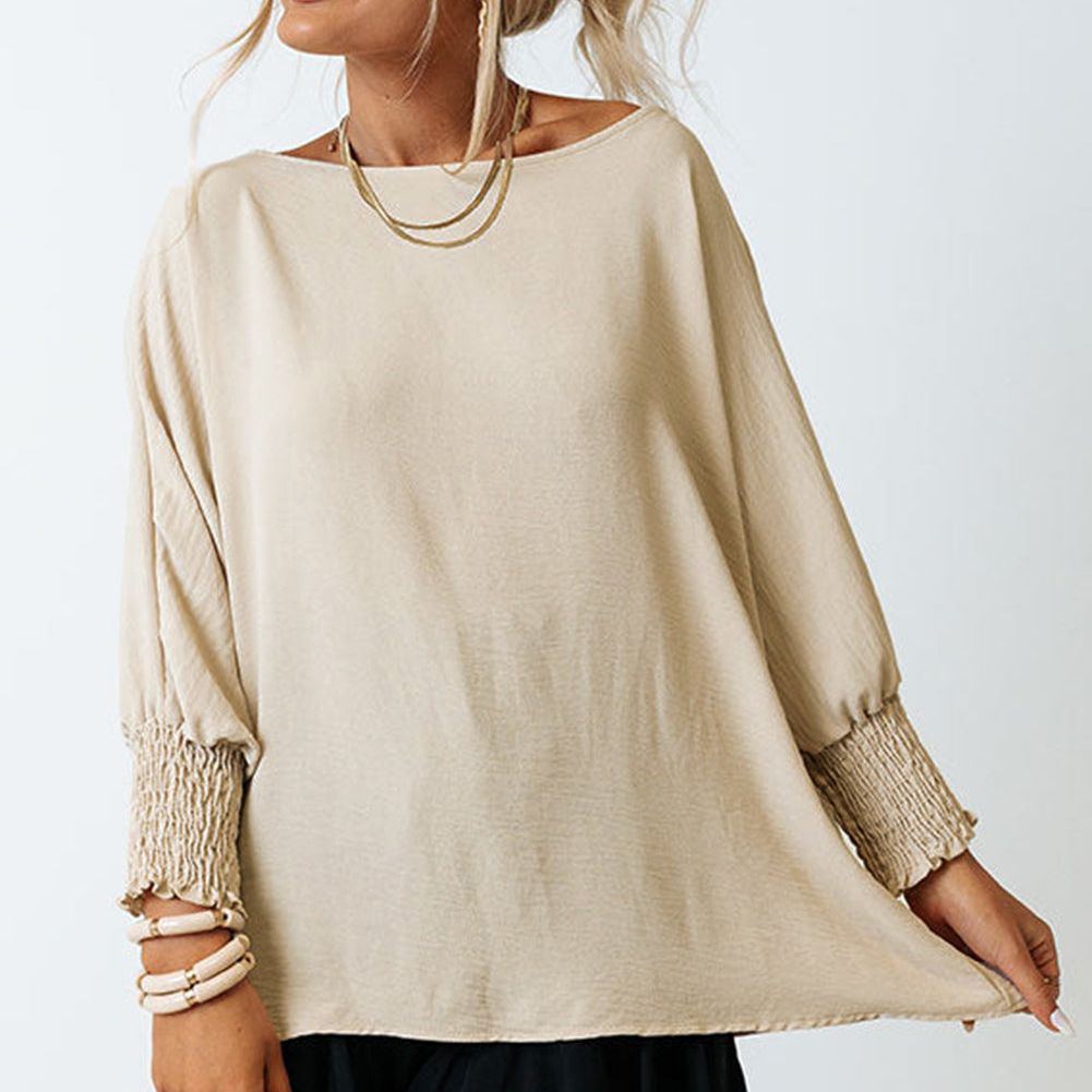 White Plain & Casual Shirred Cuffs Half Sleeve Top