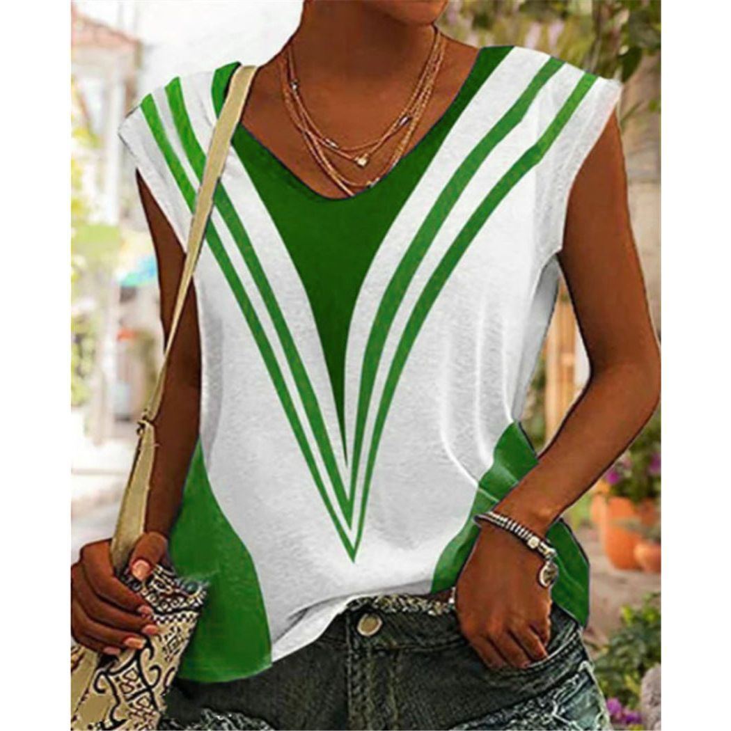 V-neck Casual Loose Striped Printed Short Sleeve T-shirt
