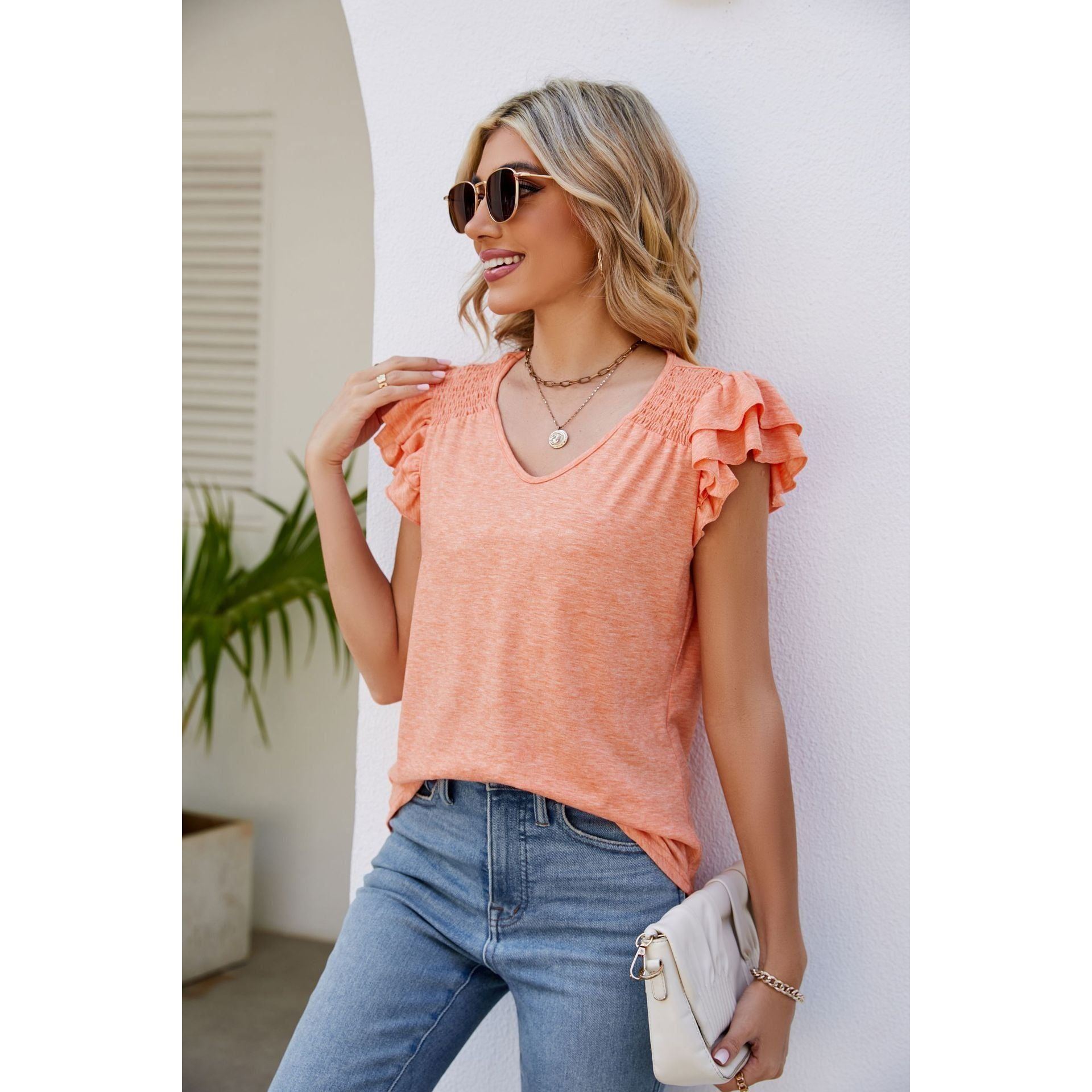 Women's Solid Color And V-neck Pleated Short Sleeves Loose Top