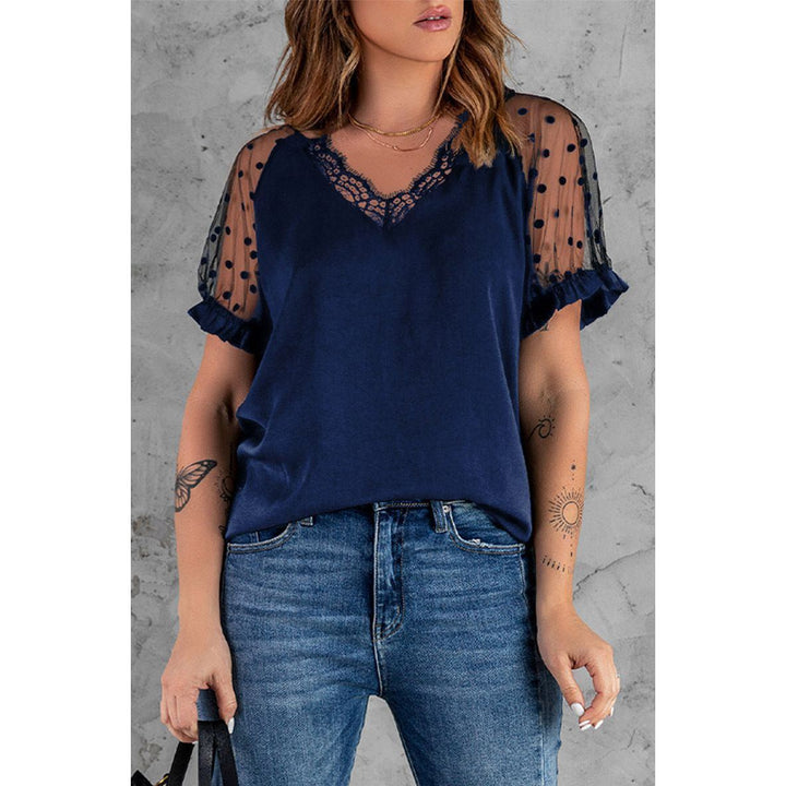 Lace Short Sleeve Top Ladies Slim Fit V-Neck Pullover T-Shirt - Jointcorp