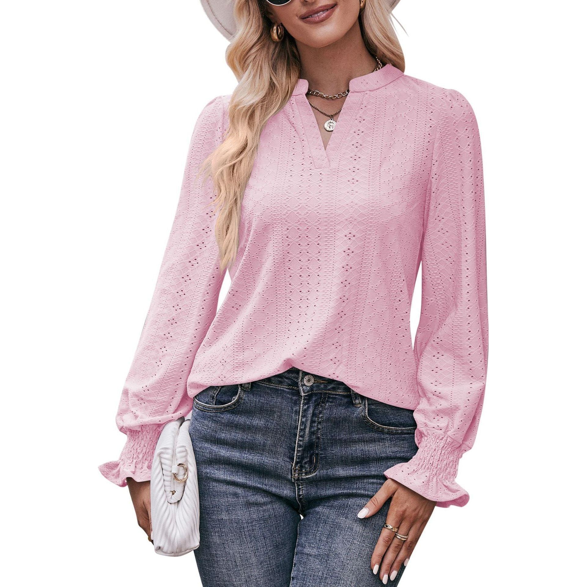European And American Solid Color T-shirt Hole V-neck