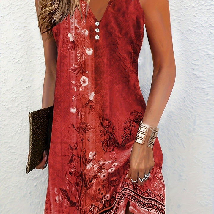 Floral Print Sleeveless Dress, Casual Notched Neck Midi Dress, Women's Clothing