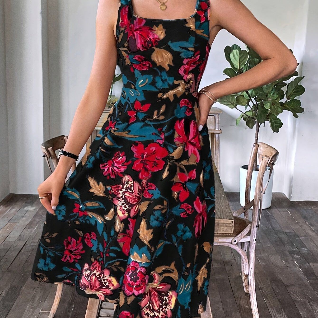 Floral Print Square Neck Tank Dress, Elegant Sleeveless Waist Dress, Women's Clothing