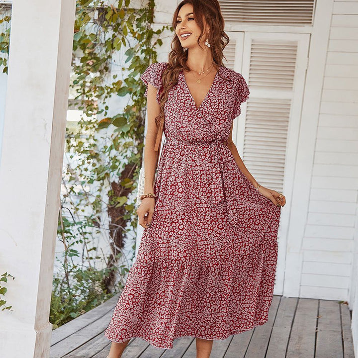 Summer Dresses Ruffle Cap Sleeve V Neck Belt Wrap Split Boho Floral Long Casual Party Beach Dress - Jointcorp