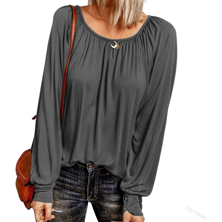 Solid Color Crew Neck Casual Pleated Long-sleeved Top For Women - Jointcorp