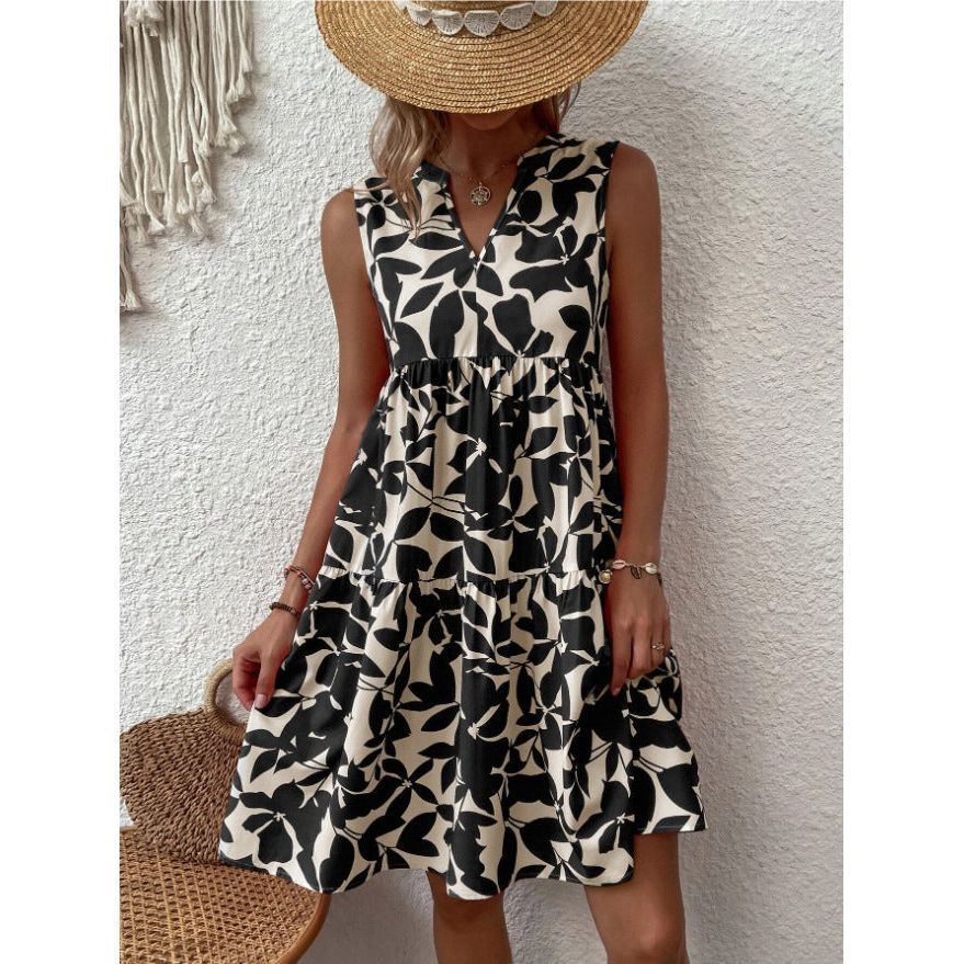Bohemian Print Dress: V-neck, Sleeveless, Loose Fit, For Women. - Jointcorp
