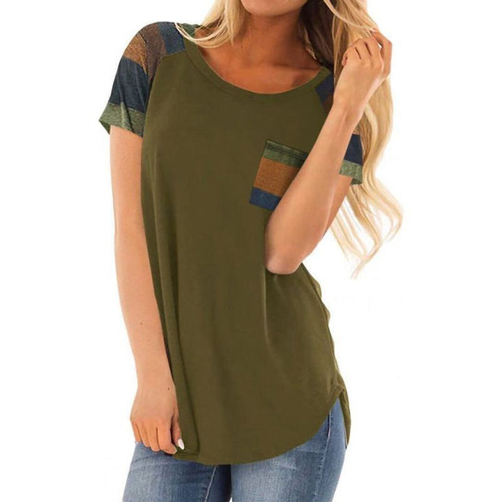 Spring Summer Stripes Pocket Stitching Loose Short-sleeved Top For Women - Jointcorp