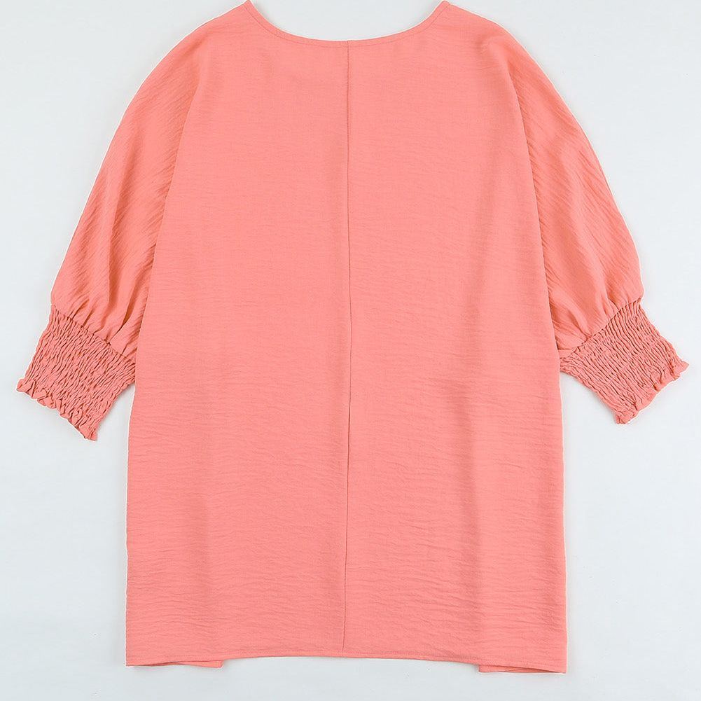 White Plain & Casual Shirred Cuffs Half Sleeve Top