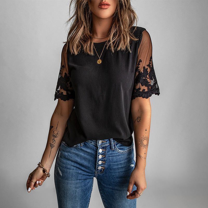 Women's Round Neck Short Sleeve Top Lace Chiffon Shirt
