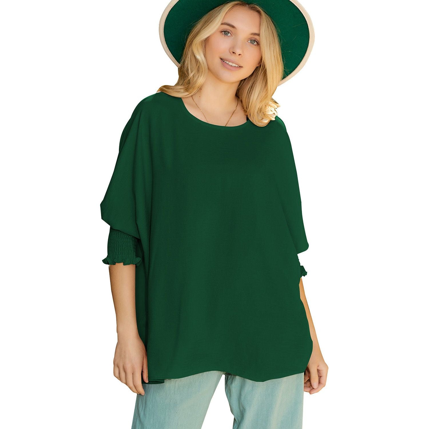 White Plain & Casual Shirred Cuffs Half Sleeve Top