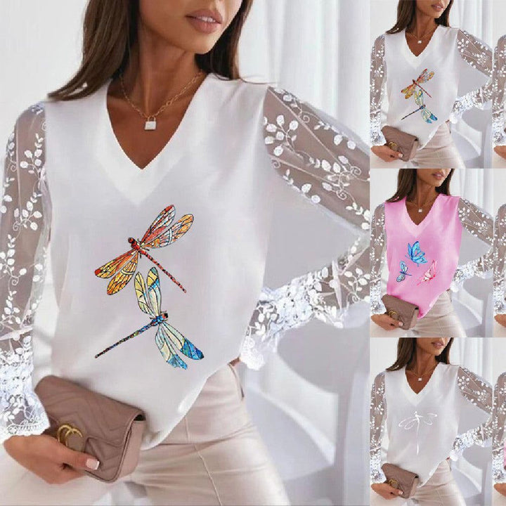 Dragonfly Printed V-neck Lace Sleeve Sun Protection Women's T-shirt Bottoming Shirt - Jointcorp