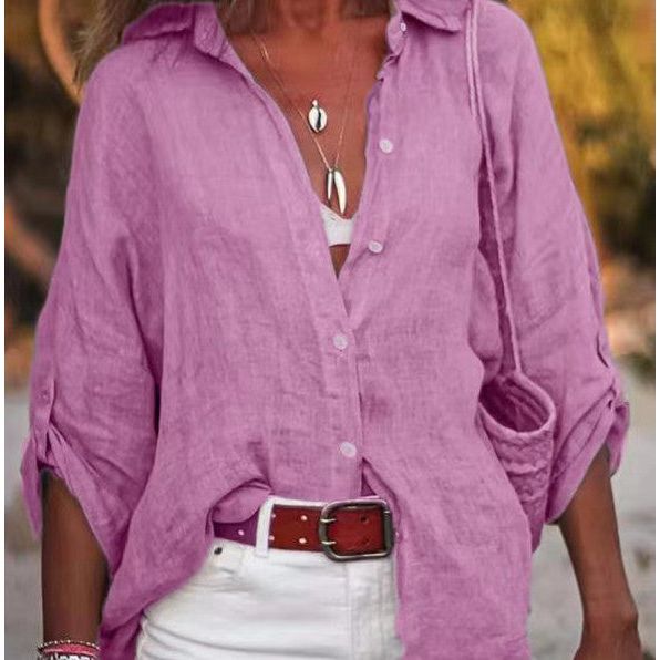 Cotton And Linen Solid Color Loose Type Sleeve Shirt - Jointcorp
