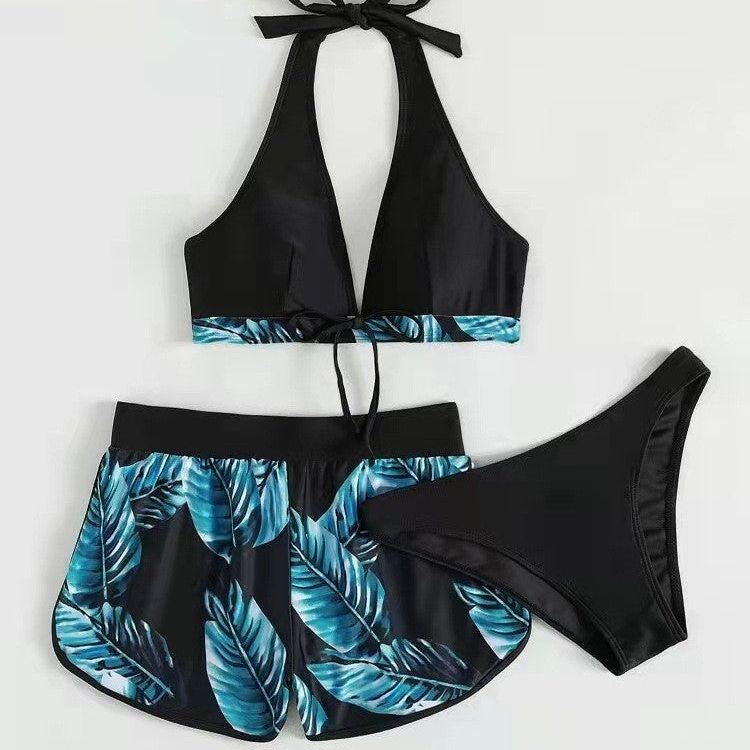 3pcs Leaf Print Bikini With Shorts Fashion Summer Beach Swimsuit Womens Clothing