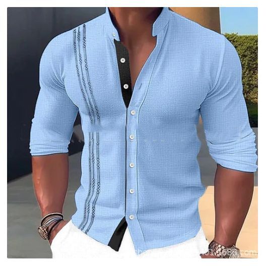 Summer Men's Fashion Stand Collar Button Long Sleeve Shirt - Jointcorp