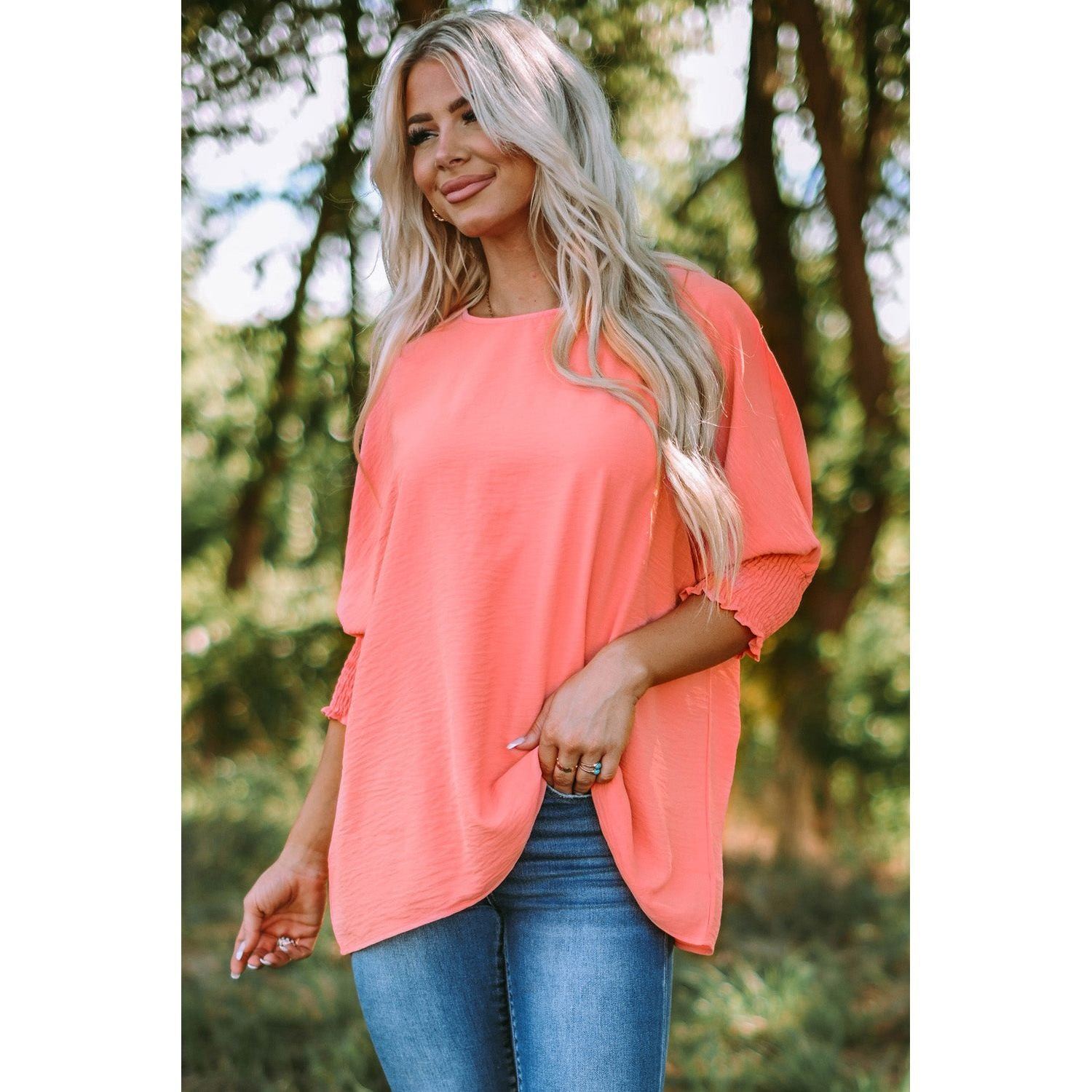 White Plain & Casual Shirred Cuffs Half Sleeve Top