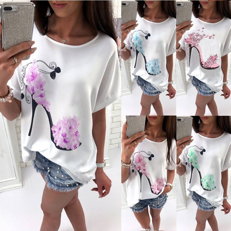 European And American Ladies High Heels Printed Loose Short Sleeve T-shirt - Jointcorp