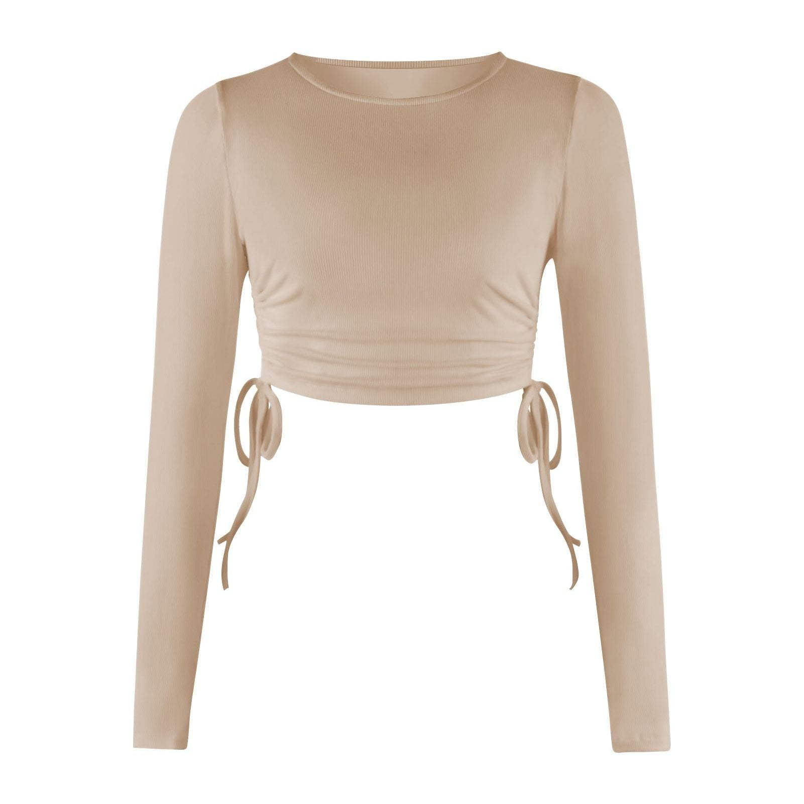 Drawstring Round Neck Long Sleeve Cropped T-shirt Thread Top