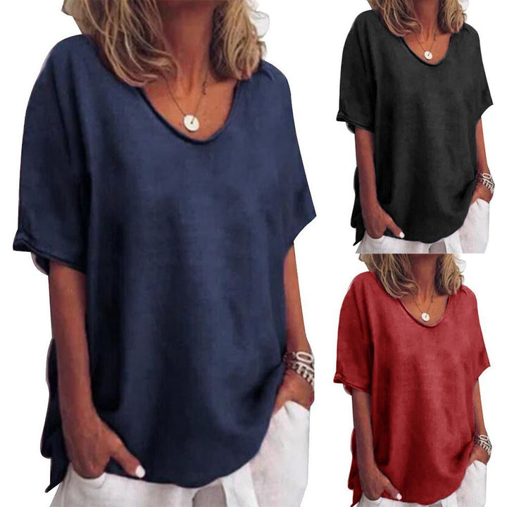Cotton And Linen Solid Color Short-sleeved T-shirt Women's Casual Coat
